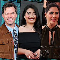 Three smiling people in formal attire pose separately; a man in a jacket and tie, a woman in a black dress, and another woman in a shiny halter gown, each in different event or red carpet settings.