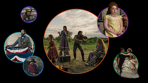 A group in period costumes performs outdoors at sunset, surrounded by smaller circles showing people in 19th-century attire: a woman in yellow, people dancing, a man at a podium, in a carriage, and a man in a hat.