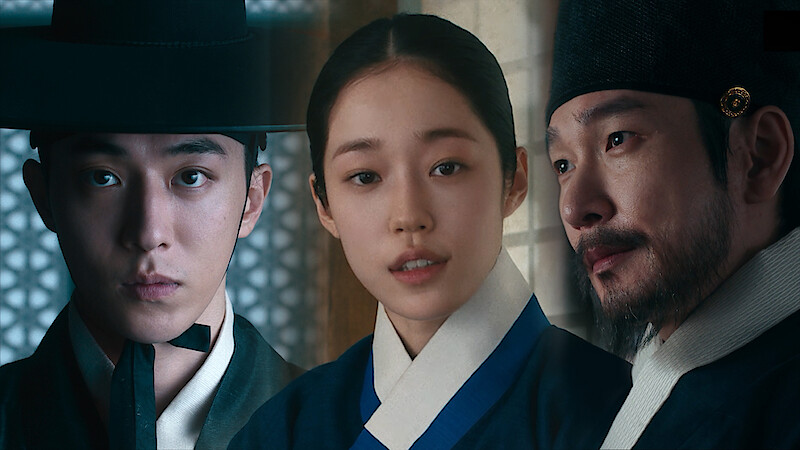 Three people in historical Korean clothing, two men and one woman, are indoors with traditional décor in the background, dressed in hanbok and official hats, suggesting a period drama or historical setting.