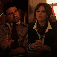 Split screen image of Eddie and Susie in conversation across from each other