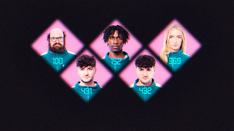 Five contestants wearing numbered uniforms are shown in glowing pink diamond frames against a dark background, giving a digital, competitive, and intense game show atmosphere.