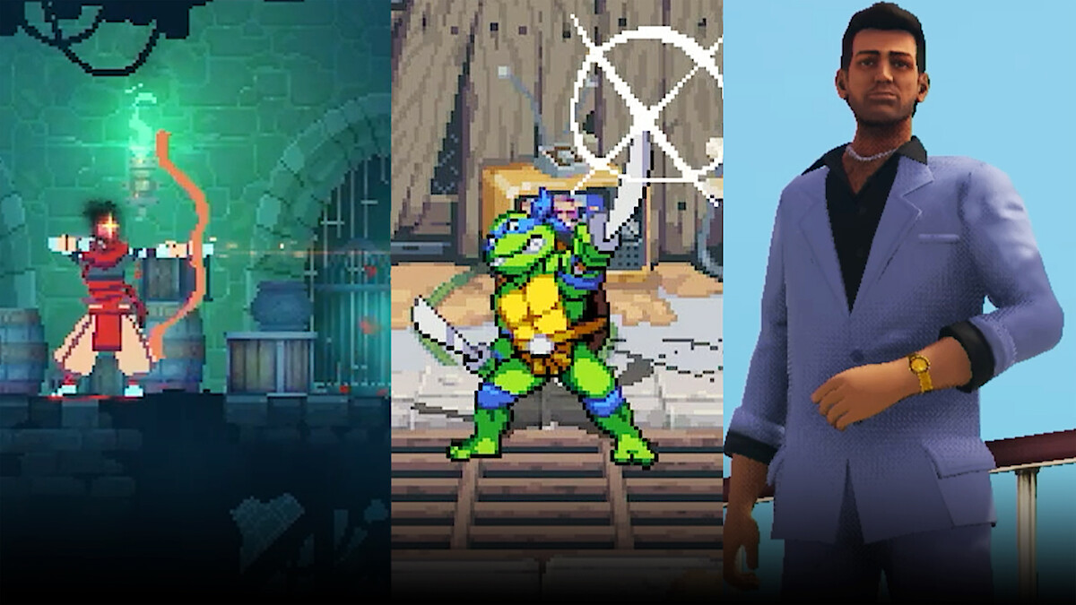 Three stills from Mobile Games: Dead Cells, TMNT: Shredder's Revenge, and Grand Theft Auto: Vice City