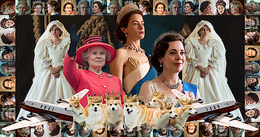Collage of photos from 'The Crown' seasons 1–6