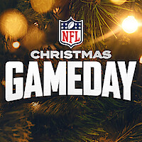 NFL Christmas Gameday graphic with four football helmets, holiday lights, and a festive background, creating an energetic and celebratory atmosphere for the event.