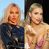 Two blonde women, one outdoors with a shiny blue jacket and natural background, the other indoors wearing floral attire, jewelry, and applying pink lipstick, both posing for the camera.