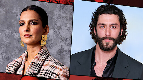 Two people, a woman in patterned clothing with gold earrings against a textured gray background and a man with curly hair and beard in a dark suit against a light blue background, shown in a split image portrait style.