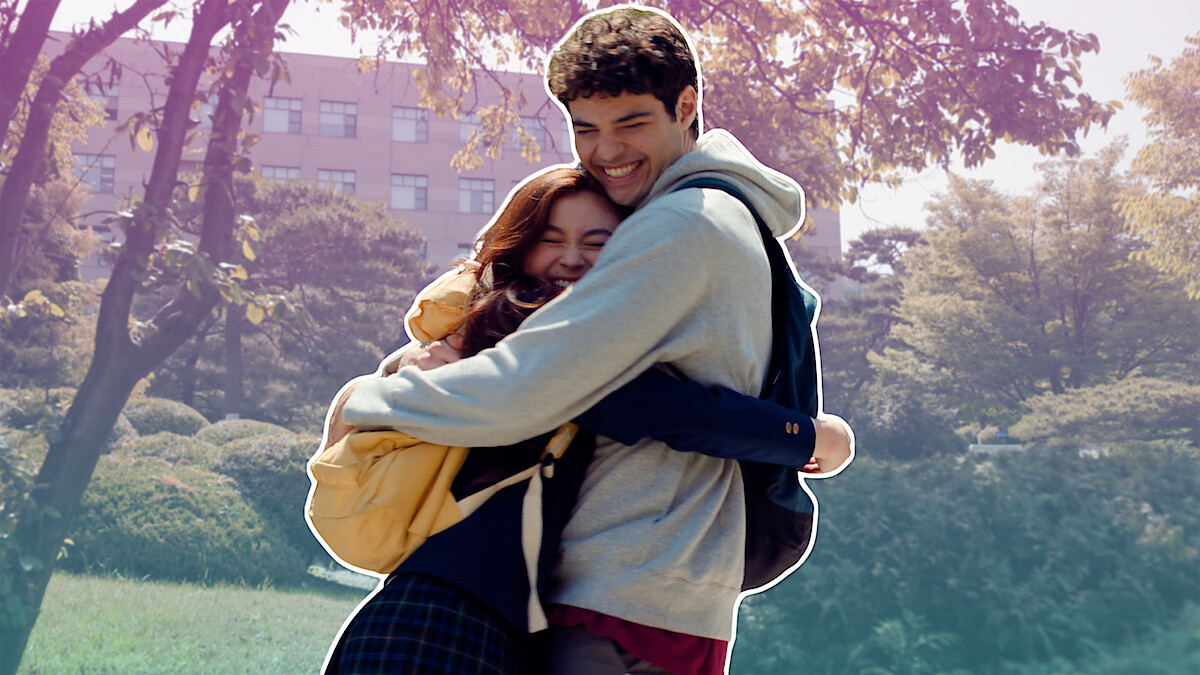 Kitty Song-Covey (Anna Cathcart) and Peter Kavinsky (Noah Centineo) embrace outside school.