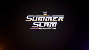 WWE SummerSlam Minnesota event logo on a dark background with metallic text and the WWE emblem on top, promotional graphic for wrestling event.