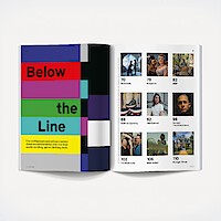 Open magazine on a white background showing a colorful "Below the Line" graphic on the left and a contents page on the right with images and titles of various TV shows and films.