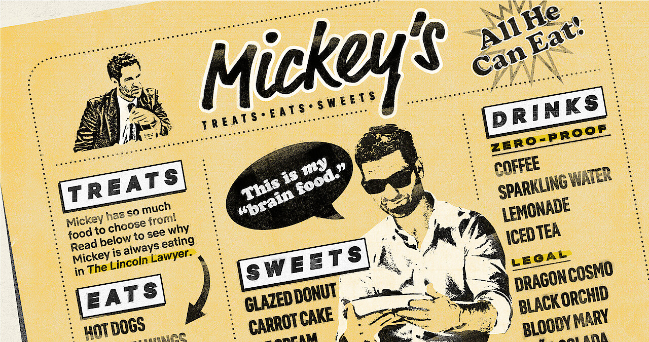 An illustration that looks like an old fashioned diner menu featuring things that Mickey Haller likes to eat