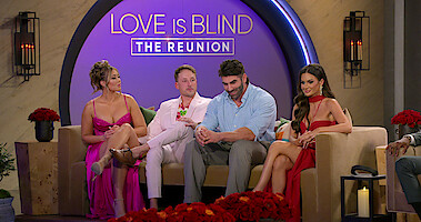 Cast members of season 6 of 'Love Is Blind' sit on a couch at the Reunion. 