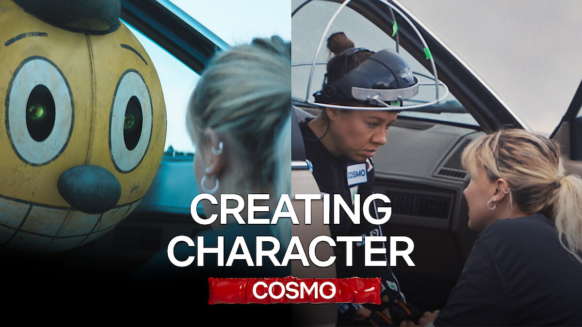 On the left, Cosmo is seated in the passenger seat, looking at Michelle (played by Millie Bobby Brown). On the right, Mo-cap performer Devyn Dalton stands in for Cosmo in the same shot.