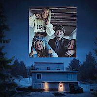 Four smiling young adults pose together indoors in a bright, casual setting; this photo appears as an overlay above a snowy, dusk-lit house surrounded by trees, with a warmly lit entrance and parked car.
