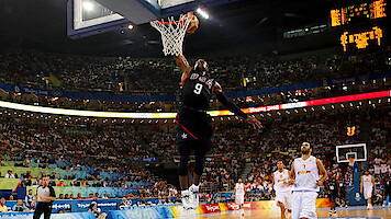 Basketball players on the court at the 2008 Olympic Games in Beijing