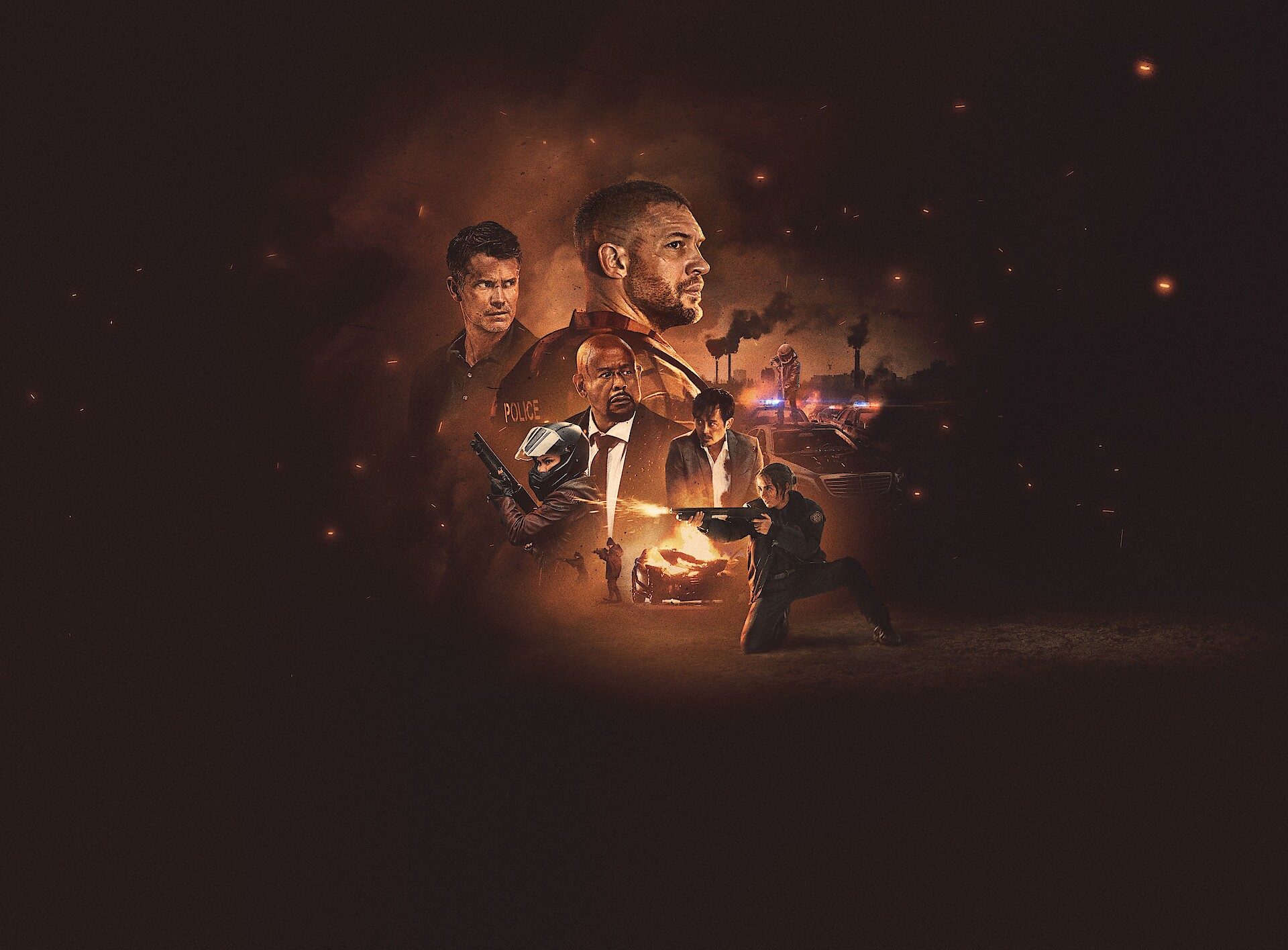 Havoc - Tom Hardy and the cast of Havoc on a black background