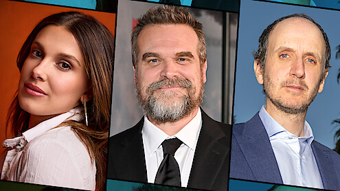 Headshots of Millie Bobby Brown, David Harbour, and Jack Thorne