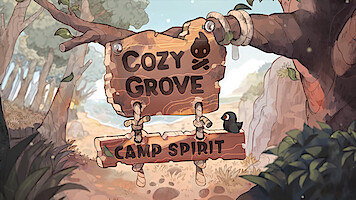Animate sign hanging from a tree that reads 'Cozy Grove Camp Spirit'