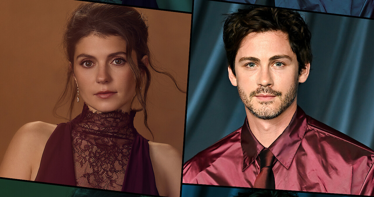 A woman and a man in formal attire are shown in separate portrait-style photos. The woman has dark hair, is in a sleeveless burgundy dress, and the man has dark hair, wearing a burgundy satin shirt and tie, both in studio settings.