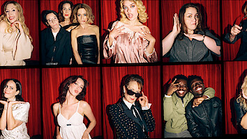 A collage of people posing playfully in a photo booth, each standing in front of a red curtain backdrop, showcasing various expressive gestures and outfits in a casual, fun setting.