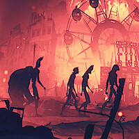 Key art for the episode "400 Boys" in 'Love, Death + Robots' Volume 4 featuring silhouetted figures walking with a burning ferris wheel behind them.