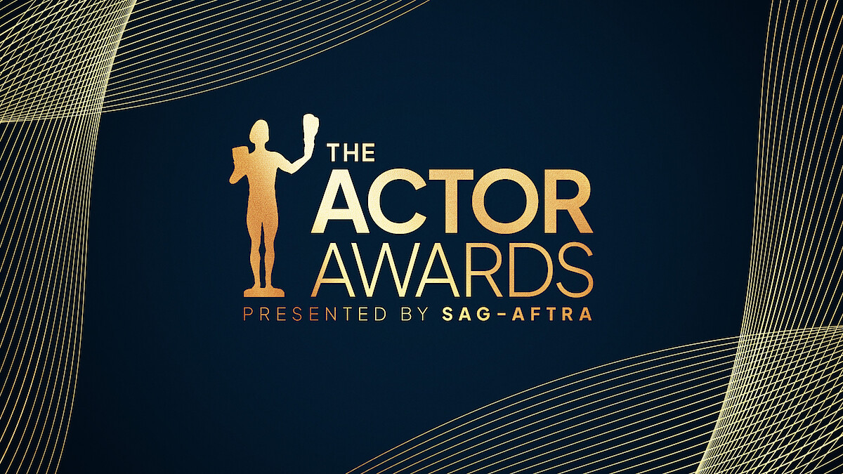 Gold silhouette of an actor holding a mask beside the text "The Actor Awards presented by SAG-AFTRA" on a dark blue background with gold curved line designs.