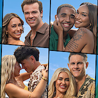 Four Temptation Island Season 2 couples smiling and embracing, standing outdoors in a sunny, tropical beach setting, dressed in casual summer outfits, with blue sky and ocean in the background.