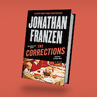 Book cover of "The Corrections" by Jonathan Franzen, featuring bold text and an image of a family gathered around a dinner table, set against an orange background. 25th anniversary edition.