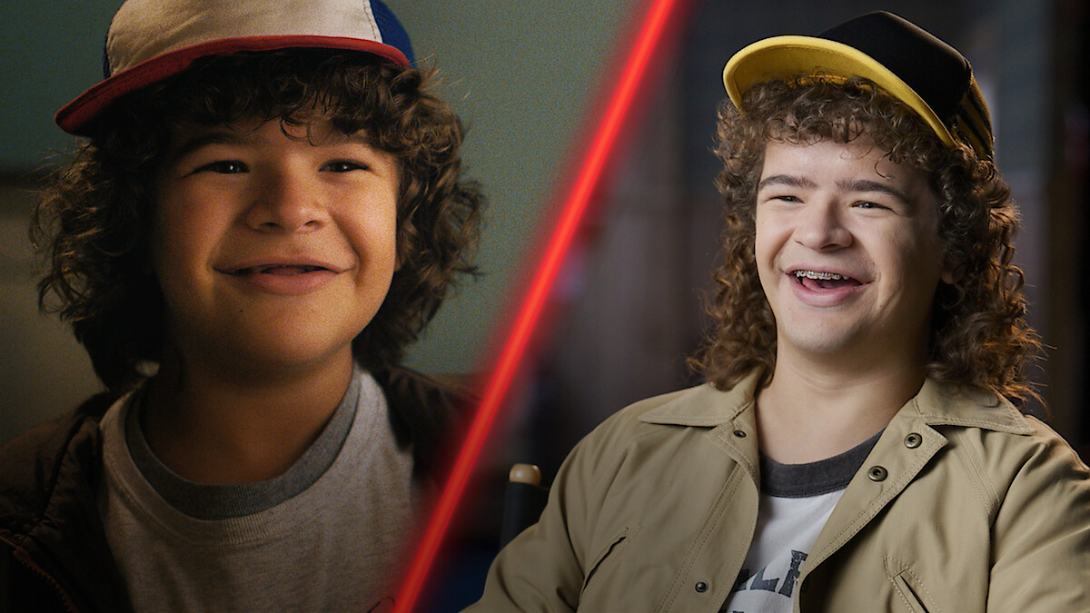 Split screen of Gaten Matarazzo in Season 1 and Season 5 of 'Stranger Things.'
