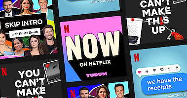 Netflix Podcasts, Now on Netflix, Skip Intro, We Have the Receipts, You Can't Make This Up illustration