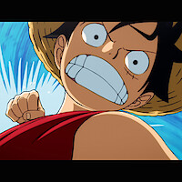 Anime character wearing a straw hat and red vest, shown close-up with an intense, determined expression and clenched fist, set against a vibrant, dynamic blue background suggesting action.