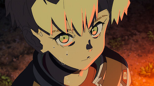 Anime character with short blond hair, determined expression, and tears on their face looks upward in an outdoor nighttime setting with shadows and orange light illuminating their features.