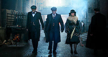 Tommy, Arthur and Aunt Polly walk down the street on a mission in 'Peaky Blinders'