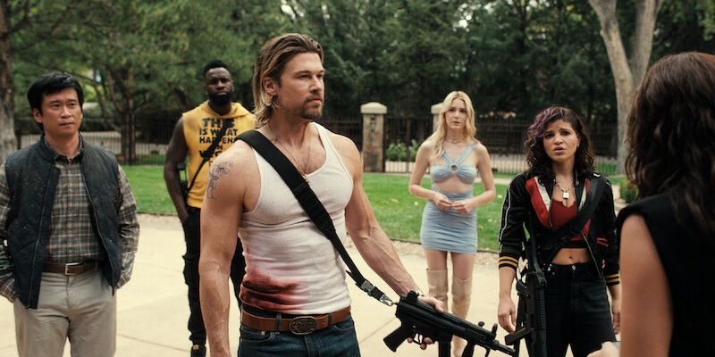 Eugene Kim as Paul Yung, Terrence Terrell as Trunk, Nick Zano as Chad McKnight, Alyson Gorske as Lana, Paola Lázaro as Angela Gomez stand together outside in Season 1 of 'Obliterated.'