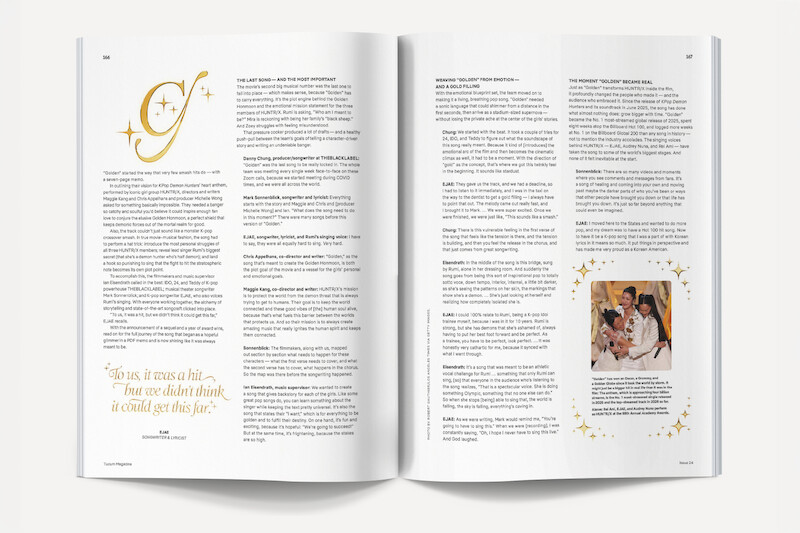 Magazine spread with two pages of text, decorative graphics, a highlighted quote, and a small color photo of people celebrating with a child, set against a white background in a well-lit environment.