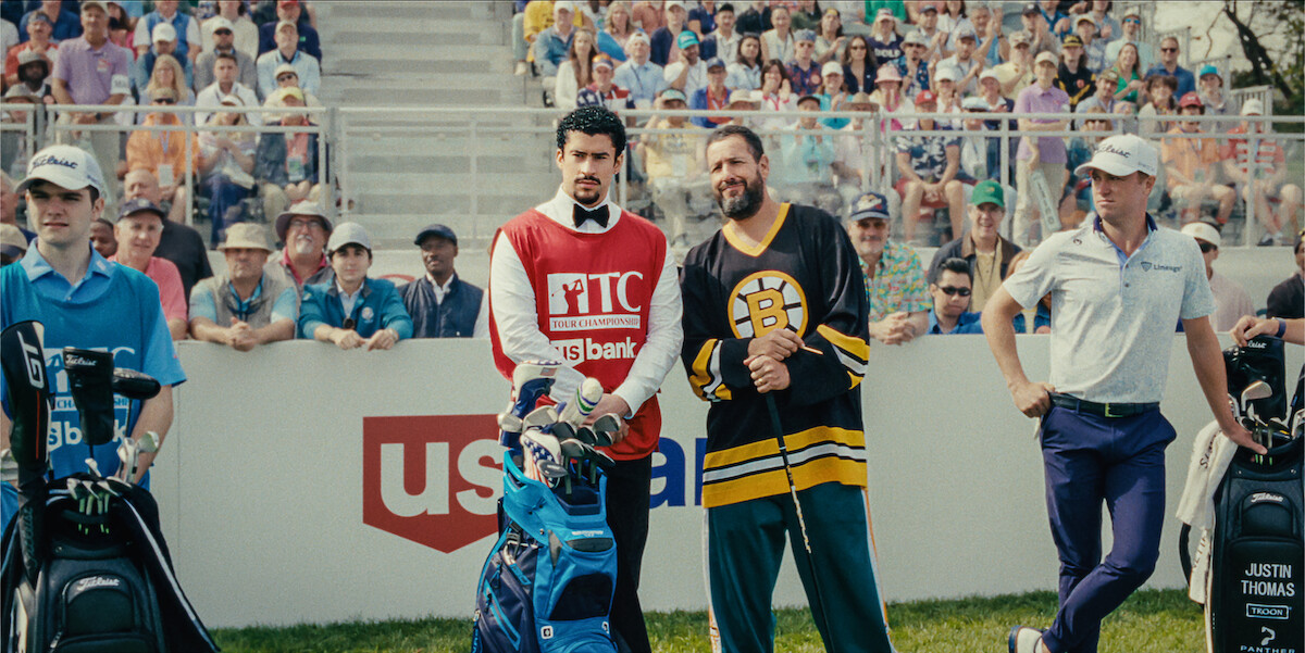 Quinn Stiller as Will Zalatoris Caddie, Benito Antonio Martínez Ocasio as Busboy, Adam Sandler as Happy Gilmore and Justin Thomas as himself in ‘Happy Gilmore 2’