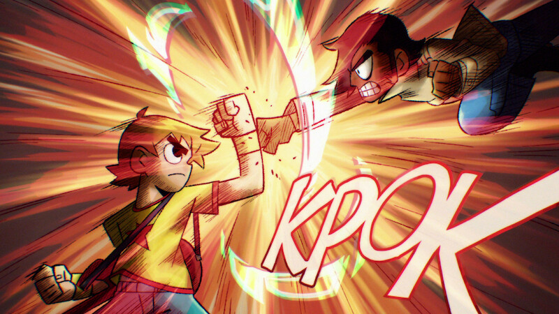 (L to R) Michael Cera as Scott Pilgrim and Satya Bhabha as Matthew Patel in Scott Pilgrim Takes Off. 