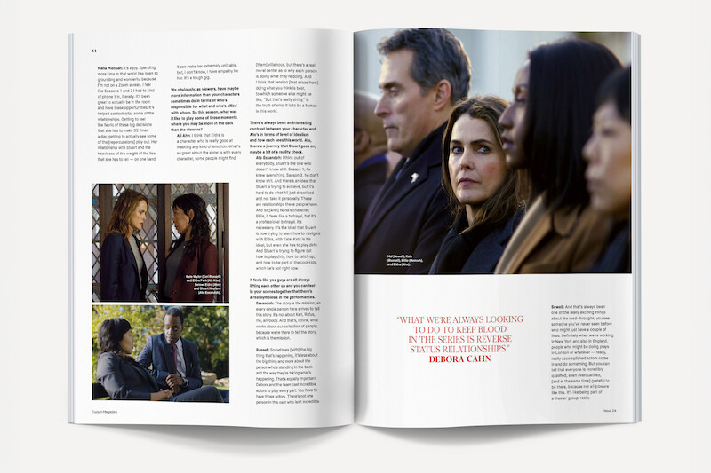 Magazine spread featuring scenes from a TV drama; includes four people sitting in a formal outdoor setting, women talking near a window, and a man and woman having a serious discussion outside, with text and quotes on the pages.