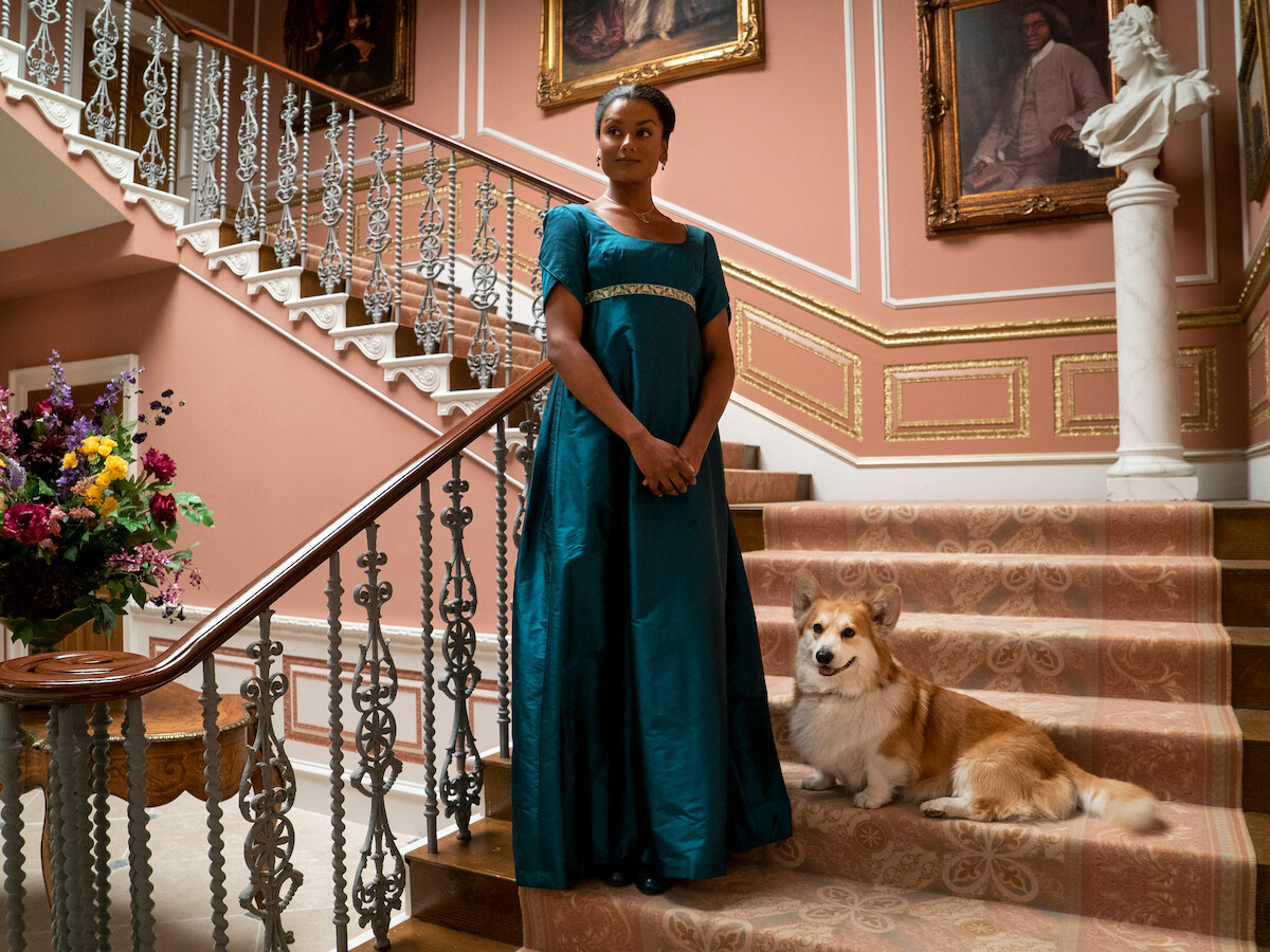 Kate on the stairs, smiling, accompanied by Newton the dog