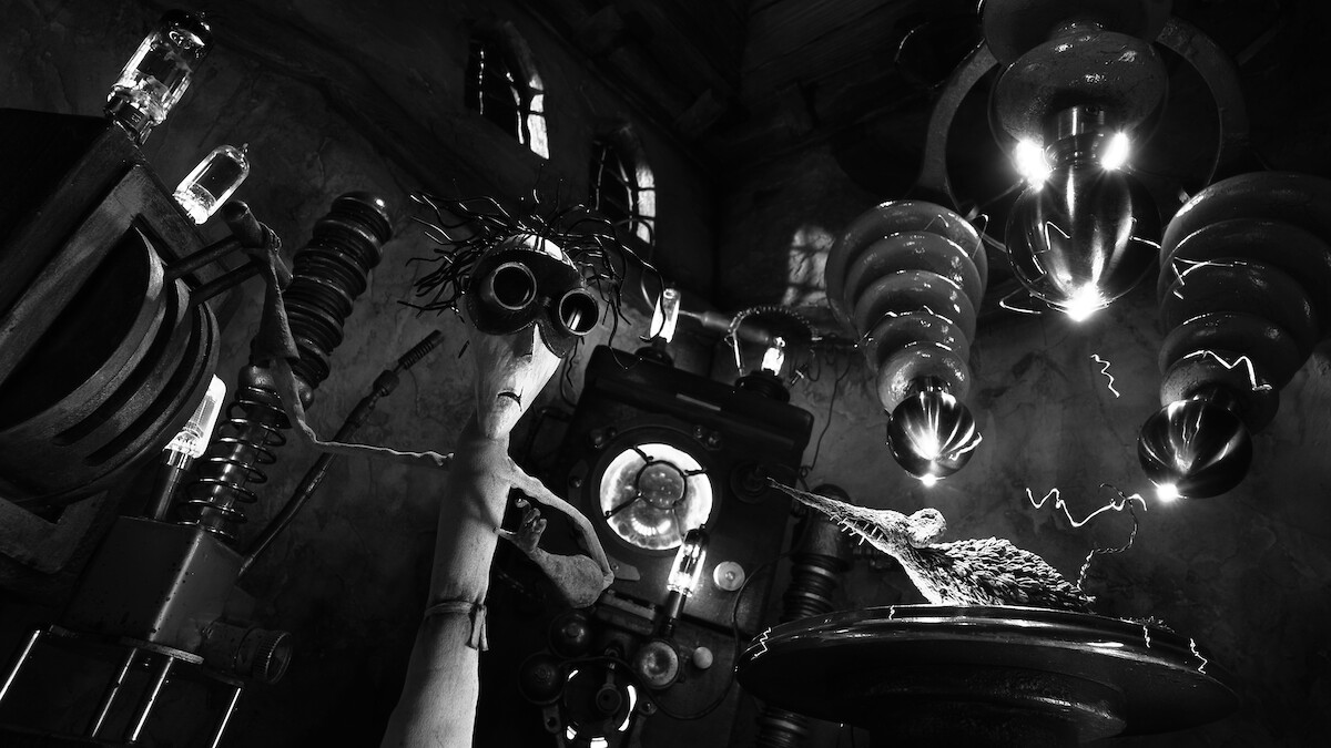 Black and white still from stop motion animation sequence in 'Wednesday' Season 2.