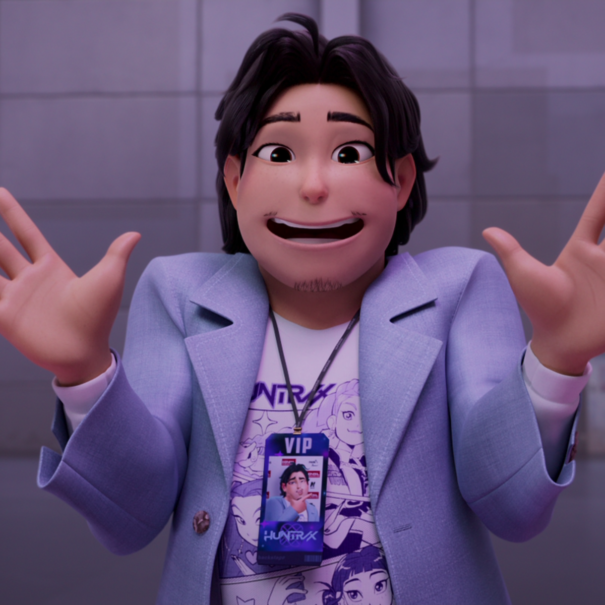 Bobby wearing a HUNTR/X T-shirt in ‘KPop Demon Hunters’