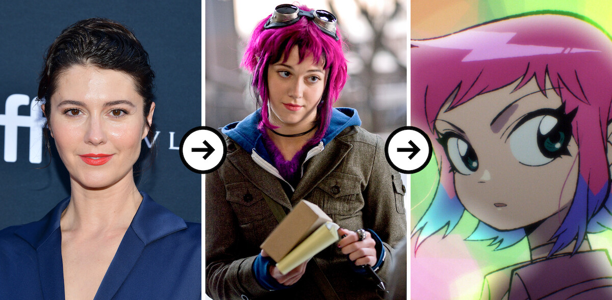 Triptych of images showing a headshot of Mary Elizabeth Winstead, Mary Elizabeth Winstead as Ramona Flowers in ‘Scott Pilgrim vs. The World,’ and Mary Elizabeth Winstead as Ramona Flowers in ‘Scott Pilgrim Takes Off’