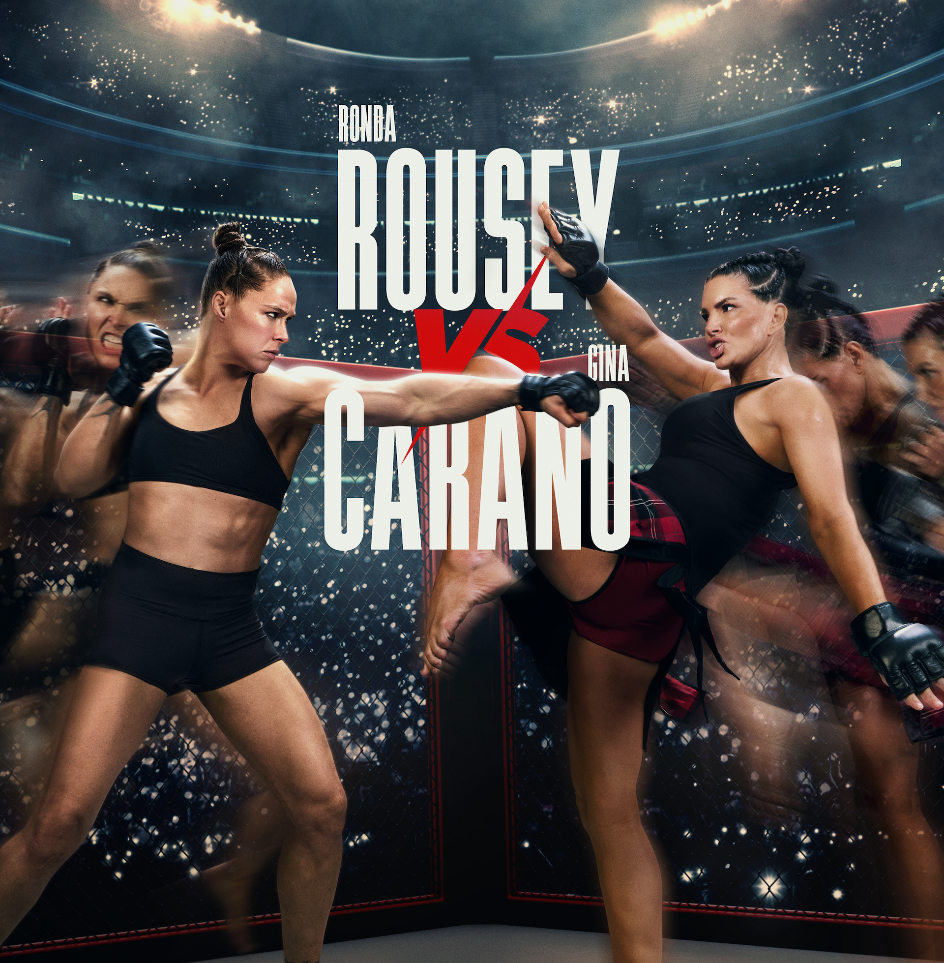 Two female mixed martial artists face off in a fighting ring inside a packed stadium, wearing athletic gear and gloves, with dramatic lighting and a large audience in the background.