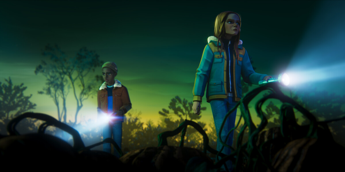 Two kids explore a dark, eerie field at night with flashlights, looking cautious and curious among twisted plants.