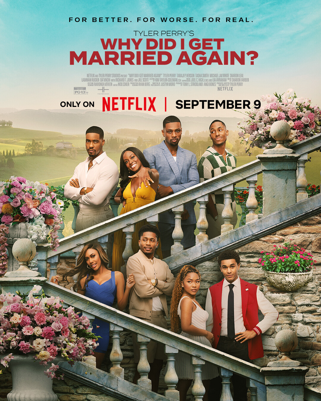 Eight people posing on a grand outdoor staircase decorated with flowers, with a scenic countryside background and text promoting "Tyler Perry's Why Did I Get Married Again?" on Netflix, premiering September 9.