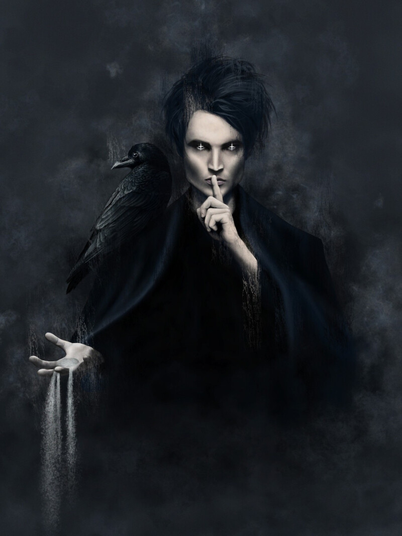A dark illustration of Dream from the Sandman series on Netflix. 