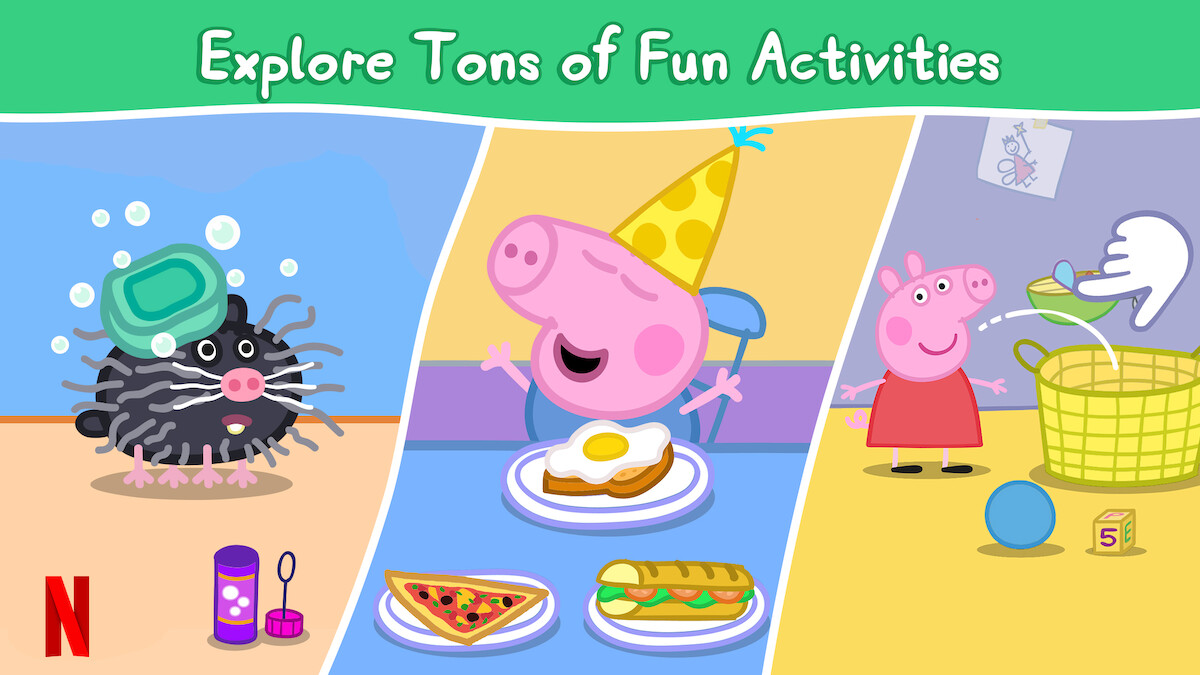Peppa Pig sits at a table with eggs, pizza, and sandwich; on either side is Peppa Pig as a sea creature and with laundry basket.