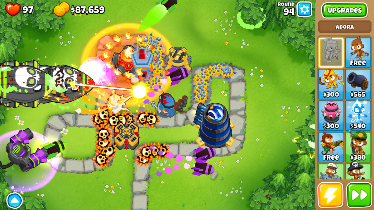 In-game screenshot from the mobile game ‘Bloons TD 6,’ featuring strategic tower defense gameplay.