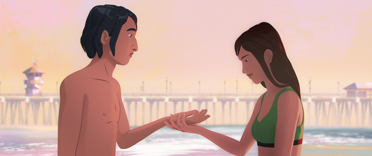 AJ (voiced by Will Sharpe) and Kristen (voiced by Stephanie Hsu) hold one another’s hands while they sit on surfboards with a pier and crashing waves on the horizon behind them in a scene from In Waves.