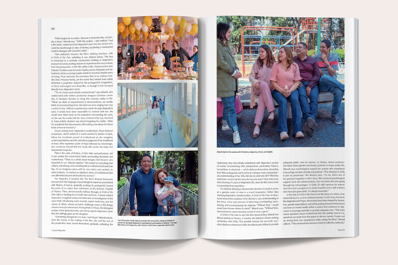 Magazine spread with photos of people at a birthday party, walking in a hallway, embracing outdoors, and sitting on a park bench, surrounded by text in a clean, well-lit layout.