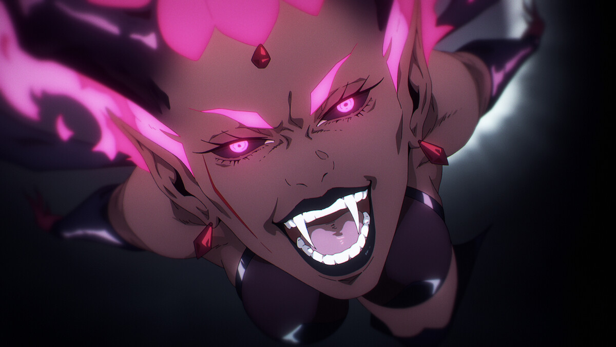 Elarica Johnson as Drolta flies towards the viewer in ‘Castlevania: Nocturne’ Season 1.